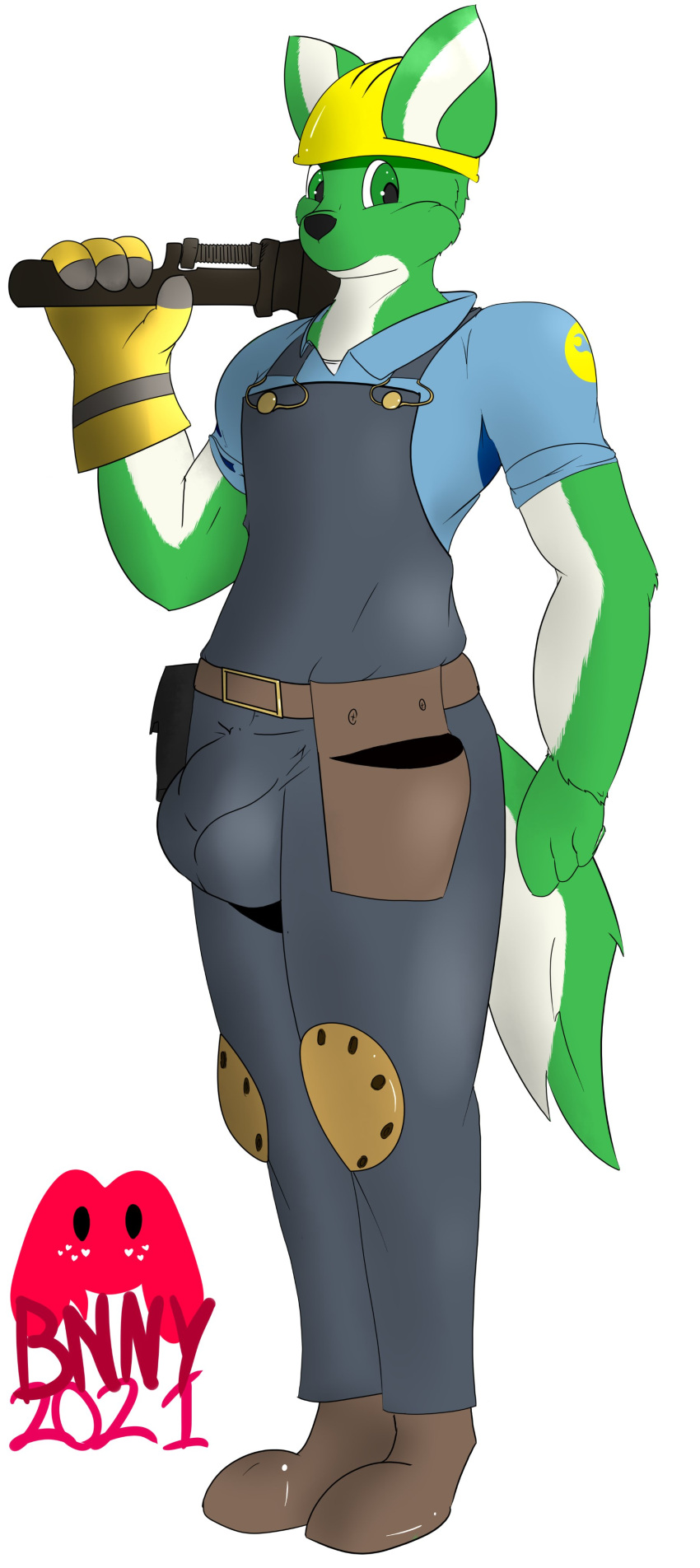 2021 absurd_res anthro balls big_balls big_bulge bulge canid canine canis cesar_(cesaroma71) clothing engineer_(team_fortress_2) fur genitals green_body green_ears green_fur green_tail grey_clothing hi_res holding_object holding_tool holding_wrench male mammal paws solo succubusbnny tail tan_clothing team_fortress_2 tools topwear valve white_body white_ears white_fur white_tail wolf wrench