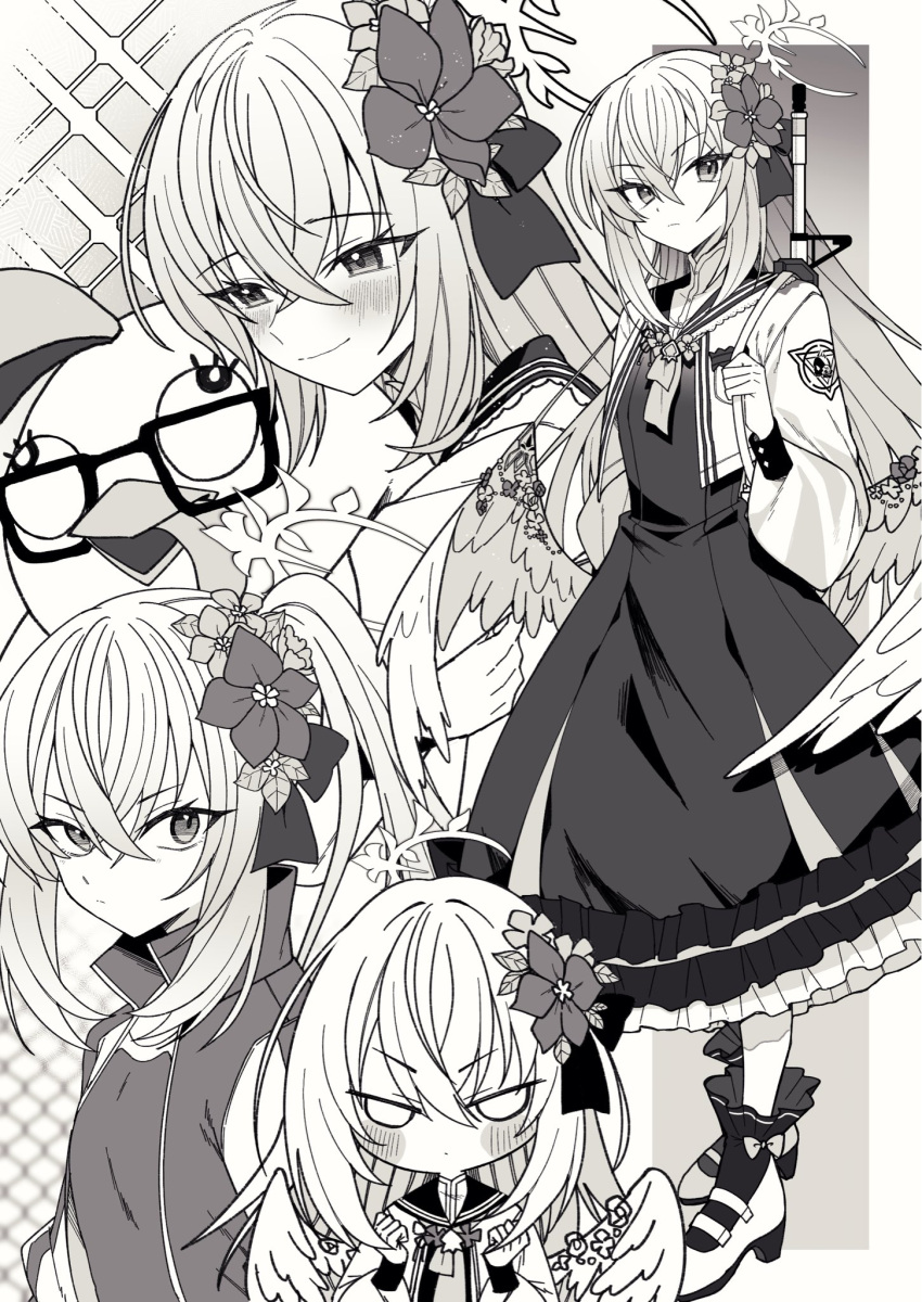 1girl assault_rifle azusa_(blue_archive) blank_eyes blue_archive blush bobby_socks breasts chibi clenched_hands closed_mouth cropped_jacket doll_hug dress flower frown glasses greyscale gun hair_flower hair_ornament halo high_heels highres jacket long_sleeves looking_at_viewer low_wings m4_carbine monochrome multiple_views no_mouth object_hug oomori_(kswmr) open_clothes open_jacket peroro_(blue_archive) ponytail rifle sailor_collar school_swimsuit sling small_breasts smile socks sparkle swimsuit v-shaped_eyebrows weapon wings