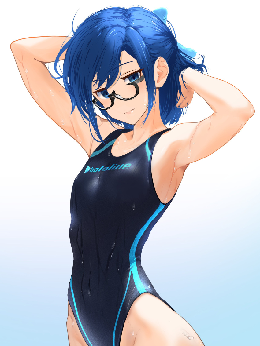 1girl a-chan_(hololive) absurdres arm_behind_head armpits black-framed_eyewear blue_bow blue_eyes blue_hair bow breasts cohi27151463 commentary_request competition_swimsuit copyright_name flat_chest glasses hair_bow hand_in_own_hair highleg highleg_swimsuit highres hololive logo looking_at_viewer one-piece_swimsuit semi-rimless_eyewear short_hair solo swept_bangs swimsuit under-rim_eyewear virtual_youtuber water_drop wet wet_clothes wet_swimsuit