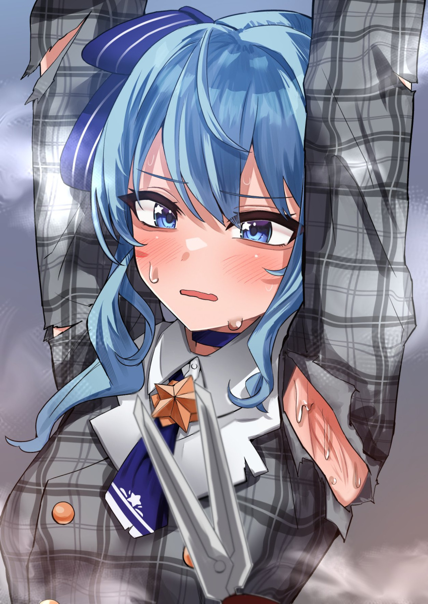 1girl armpits arms_up blue_choker blue_eyes blue_hair blue_necktie blue_ribbon blush buttons choker collared_shirt double-breasted eyelashes futoshi_tanaka grey_jacket hair_between_eyes hair_ribbon highres hololive hoshimachi_suisei jacket long_hair looking_at_viewer necktie open_mouth out_of_frame plaid plaid_jacket ribbon scissors shadow shirt smell star_(symbol) star_in_eye steaming_body sweatdrop symbol_in_eye torn_clothes torn_jacket upper_body virtual_youtuber white_shirt