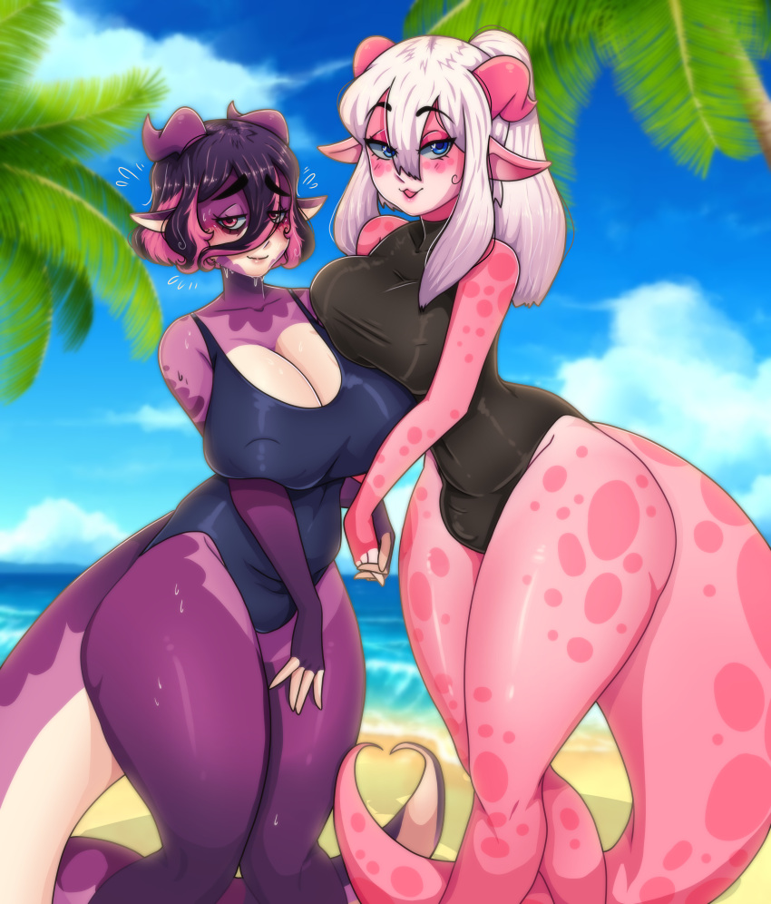 absurd_res anthro artsy beach big_tail blush breasts cleavage clothed clothing detailed_background dragon duo gynomorph_(lore) hair hand_holding hi_res horn intersex lilikoi_gumi looking_at_viewer lychee_gumi one-piece_swimsuit palm_tree plant seaside sibling sister sisters swimwear tail tree