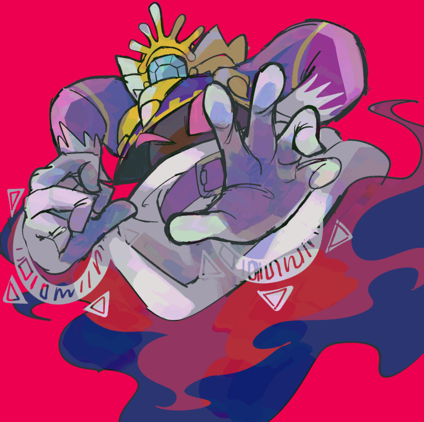 1boy commentary_request crown disembodied_limb gloves horns kirby's_return_to_dream_land kirby_(series) magolor male_focus master_crown ni_re no_humans purple_eyes red_background sketch white_gloves