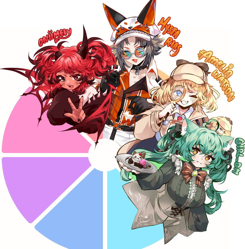 1boy 3girls absurdres ahoge animal_ears blonde_hair blue_eyes bow bowtie breasts cat_ears cat_girl character_name choker color_wheel_challenge commentary demon_girl demon_horns demon_wings english_commentary girl_dm glasses gloves green_hair grey_hair hair_bow hat highres holding holding_plate hololive hololive_english horns indie_virtual_youtuber long_hair long_sleeves magnifying_glass medium_breasts multiple_drawing_challenge multiple_girls mysta_rias mysta_rias_(1st_costume) nijisanji nijisanji_en one_eye_closed oniimely_(vtuber) open_mouth plate pointy_ears red_hair teeth tongue twintails v virtual_youtuber watson_amelia watson_amelia_(1st_costume) wings yellow_eyes