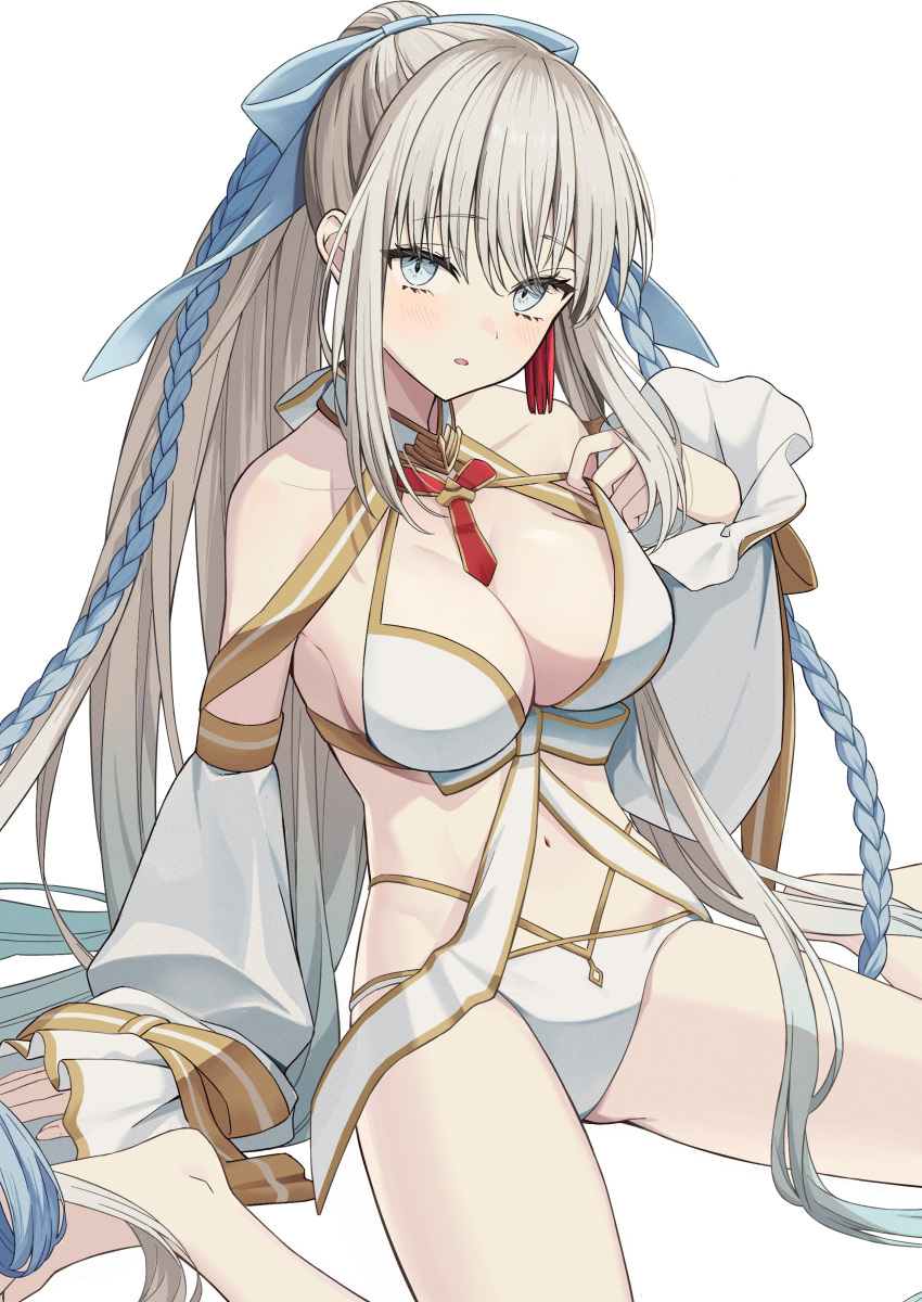 1girl absurdres bikini blue_eyes blush bow bow_choker braid breasts cape commentary_request detached_sleeves fate/grand_order fate_(series) flower french_braid grey_hair hair_bow hair_flower hair_ornament highres kake_udon large_breasts long_hair looking_at_viewer mirror_twins morgan_le_fay_(fate) morgan_le_fay_(water_princess)_(fate) multicolored_cape multicolored_clothes navel ornament red_tassel simple_background sitting solo stomach striped_belt swimsuit tassel tassel_hair_ornament two-tone_bow two-tone_sleeves very_long_hair wariza white_bikini