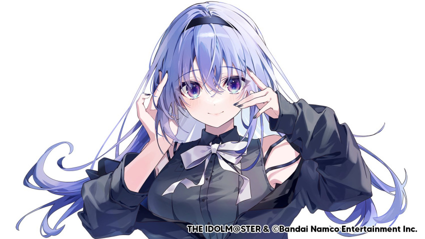 1girl bare_shoulders black_hairband black_jacket black_nails black_shirt blue_hair blush bow bowtie breasts closed_mouth hair_between_eyes hairband hands_on_own_face idolmaster idolmaster_shiny_colors jacket long_hair looking_at_viewer nail_polish official_art oshio_(dayo) shirt simple_background sleeveless sleeveless_shirt sleeves_past_wrists smile solo suzuki_hana upper_body white_background white_bow white_bowtie