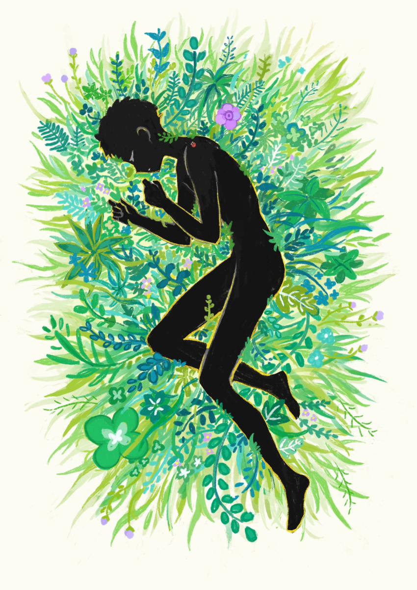 1boy barefoot black_skin closed_mouth colored_skin commentary completely_nude dot_mouth english_commentary flower grass green_flower highres lying magar1sug1 male_focus nude on_side original purple_flower short_hair solo white_background