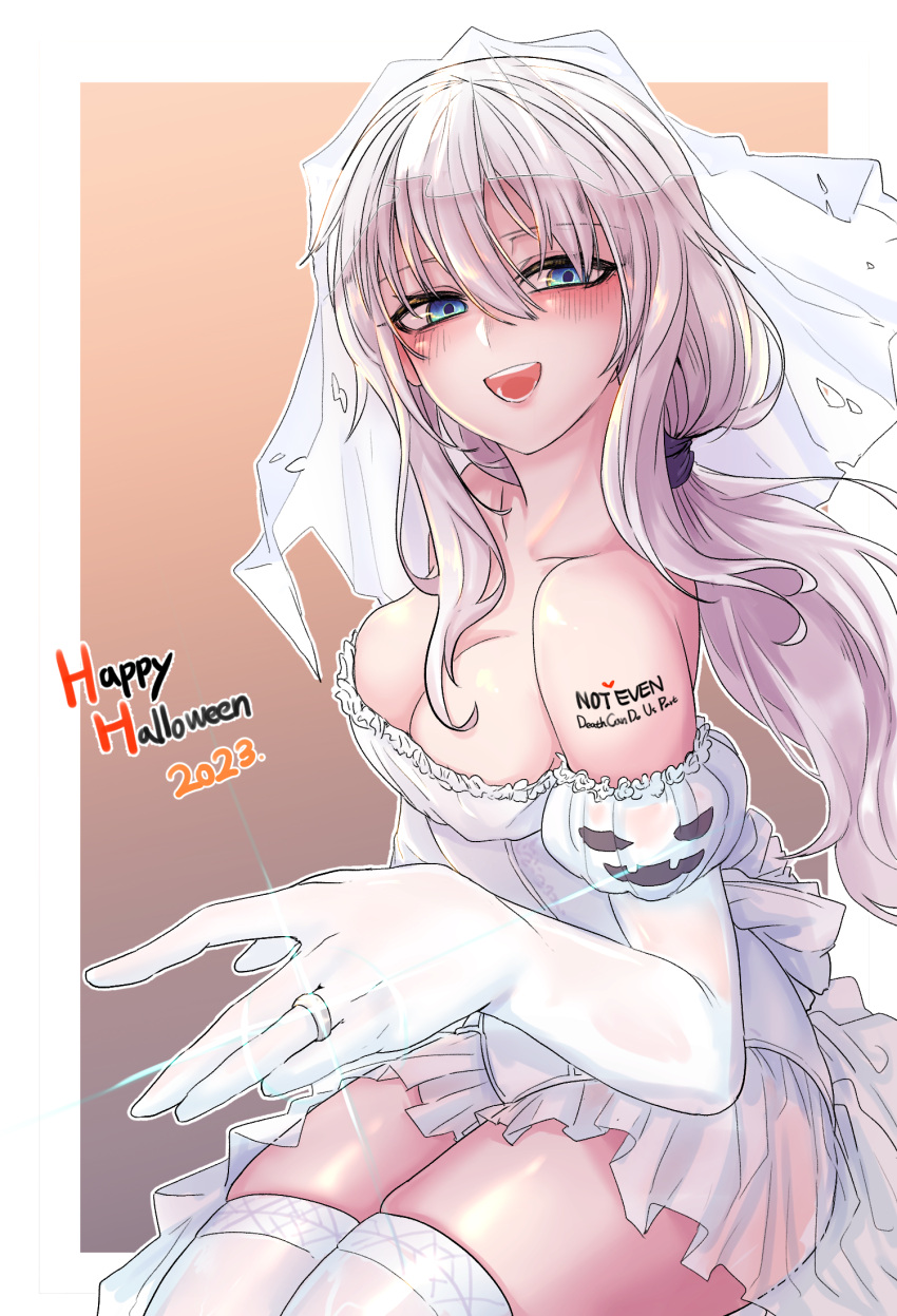 1girl 2023 2poet 9a-91_(girls'_frontline) bare_shoulders blue_eyes body_writing breasts bridal_veil cleavage collarbone dress elbow_gloves english_text frilled_dress frilled_leotard frills girls'_frontline gloves hair_between_eyes halloween happy happy_halloween highres large_breasts leotard long_hair looking_at_viewer open_mouth sleeveless sleeveless_dress solo thighhighs veil wedding_dress white_hair white_leotard
