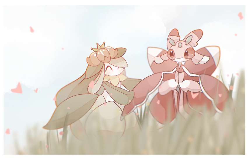 2girls ^_^ antennae arthropod_girl black_eyes blue_sky blurry blurry_foreground blush border closed_eyes cloud colored_sclera colored_skin commentary day depth_of_field facing_another flat_chest furry furry_female grass green_hair green_skin highres holding_hands lilligant long_hair looking_at_another lurantis monster_girl multicolored_skin multiple_girls no_mouth outdoors pink_skin plant_girl pokemon pokemon_(creature) red_sclera red_skin sidelocks sky standing striped_skin swept_bangs tamako_(pixiv_71110817) very_long_hair white_border white_skin