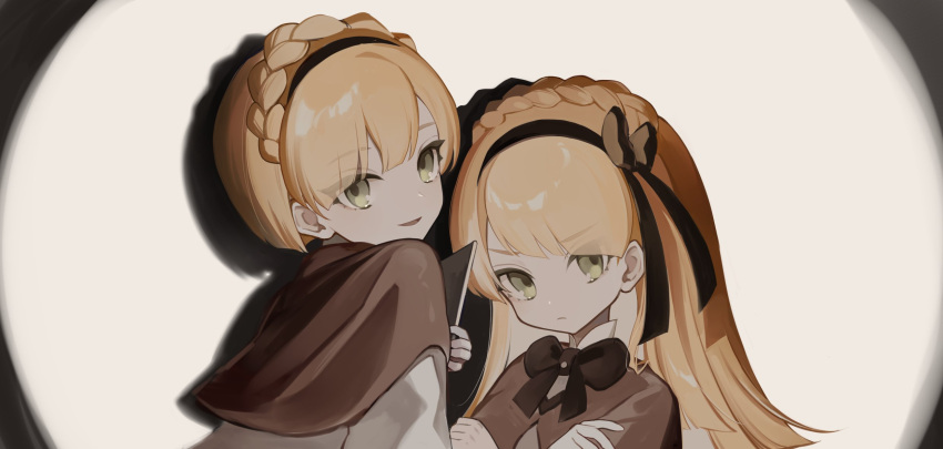 1boy 1girl blonde_hair bow bowtie braid brown_bow brown_bowtie brown_capelet brown_hairband capelet closed_mouth crown_braid green_eyes hairband highres lob_juice lobotomy_corporation long_hair long_sleeves looking_at_viewer medium_hair project_moon puffy_long_sleeves puffy_sleeves shirt tiphereth_a_(project_moon) tiphereth_b_(project_moon) upper_body very_long_hair white_shirt