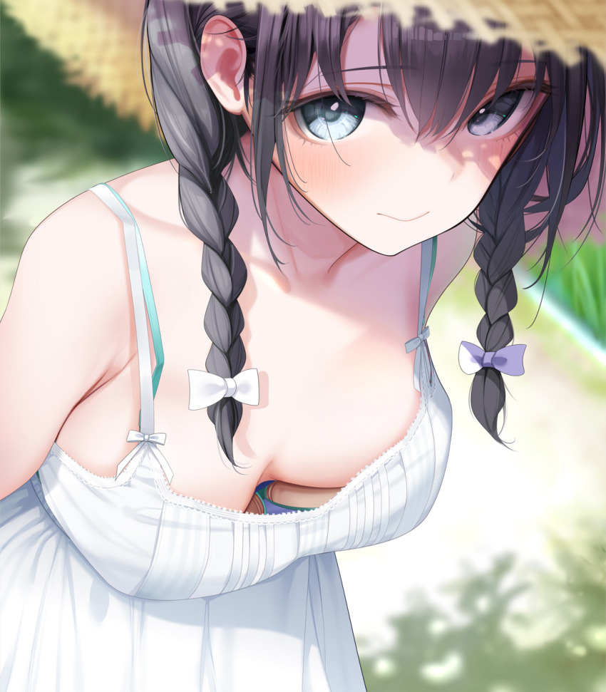 1girl black_hair blue_eyes blush braid breasts cleavage closed_mouth collarbone commentary_request downblouse dress fed_(giba) hair_between_eyes hair_ribbon hat heart highres leaning_forward long_hair looking_at_viewer medium_breasts original outdoors ribbon sleeveless sleeveless_dress solo standing straw_hat sweat twin_braids white_dress