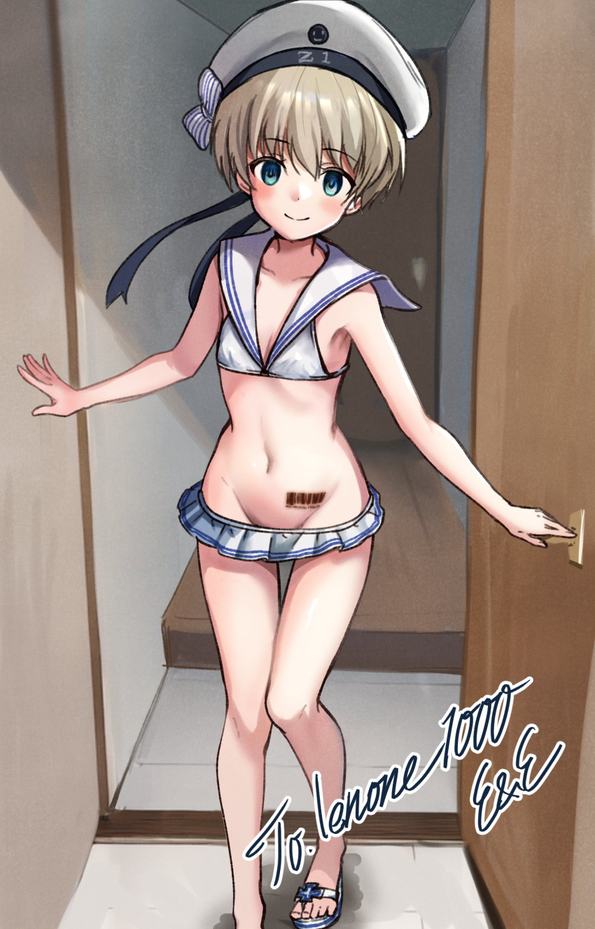 1girl absurdres barcode barcode_tattoo bikini bikini_skirt blue_eyes commission door doorway eckert&amp;eich empty_eyes full_body green_eyes grey_hair groin hat highres kantai_collection looking_at_viewer lowleg lowleg_bikini navel sailor_bikini sailor_collar sailor_hat sandals short_hair skeb_commission solo swimsuit tattoo white_bikini white_headwear white_sailor_collar z1_leberecht_maass_(kancolle)