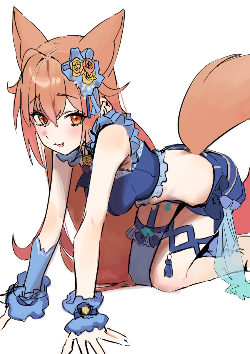 1girl absurdres all_fours animal_ears arm_support bangs bare_shoulders blue_shorts blue_thighhighs breasts brown_hair copyright_request fang flower hair_between_eyes hair_flower hair_ornament highres long_hair looking_at_viewer medium_breasts red_eyes red_flower red_rose rose see-through short_shorts shorts simple_background single_thighhigh sketch smile solo syhan tail thighhighs very_long_hair virtual_youtuber white_background wrist_cuffs yellow_flower yellow_rose
