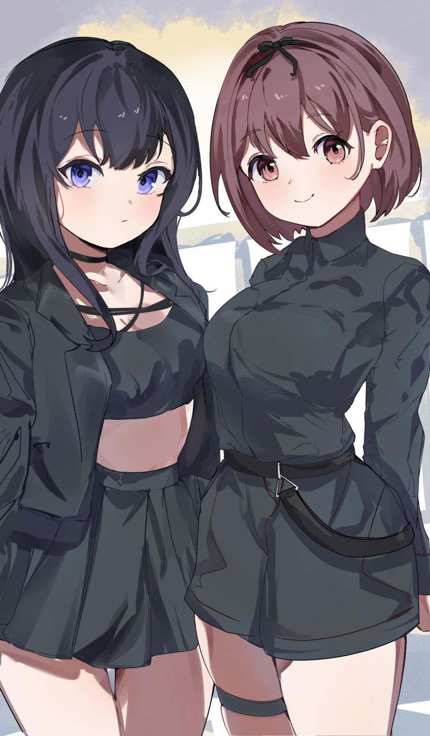 2girls absurdres alternate_costume bandeau belt black_bandeau black_belt black_choker black_hair black_jacket black_shirt black_shorts black_skirt blazer breasts brown_hair choker cleavage collared_shirt cowboy_shot cropped_jacket day high-waist_skirt highres ibuki_nagisa idoly_pride jacket large_breasts legs_together long_hair looking_at_viewer loose_belt multiple_girls nagase_kotono ooho0216 open_clothes open_jacket outdoors pink_eyes pleated_skirt purple_eyes shirt short_hair shorts side-by-side skindentation skirt small_breasts straight_hair thick_thighs thigh_gap thigh_strap thighs