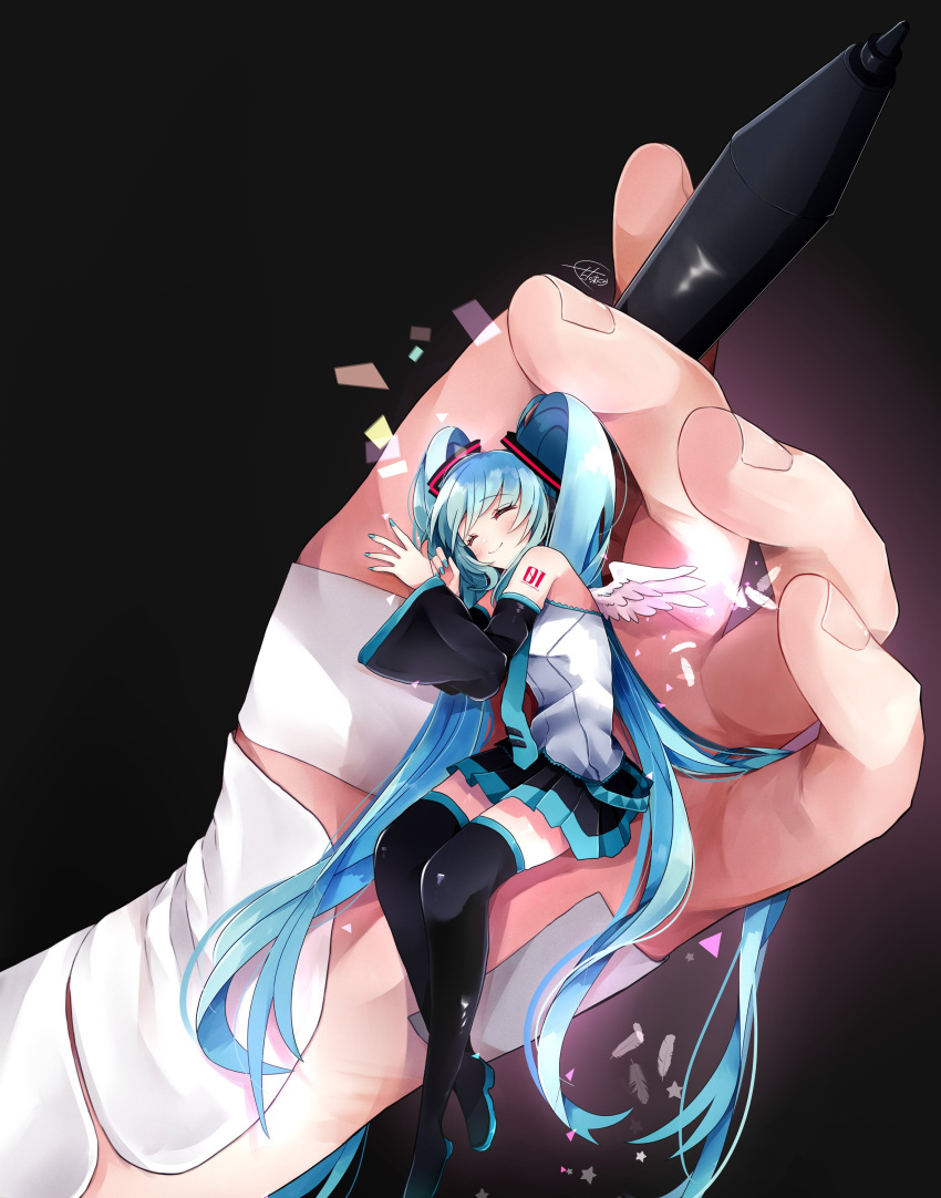 1girl absurdres arm_tattoo bandaged_hand bandages black_skirt black_sleeves blue_hair blue_nails blue_necktie blush boots closed_eyes commentary crypton_future_media cuddling detached_sleeves feathered_wings feathers grey_shirt hair_ornament hatsune_miku headphones highres holding holding_stylus in_palm koyubisennti long_hair minigirl necktie number_tattoo piapro pleated_skirt shirt skirt sleeveless sleeveless_shirt smile sparkle stylus tattoo thigh_boots twintails very_long_hair vocaloid wings