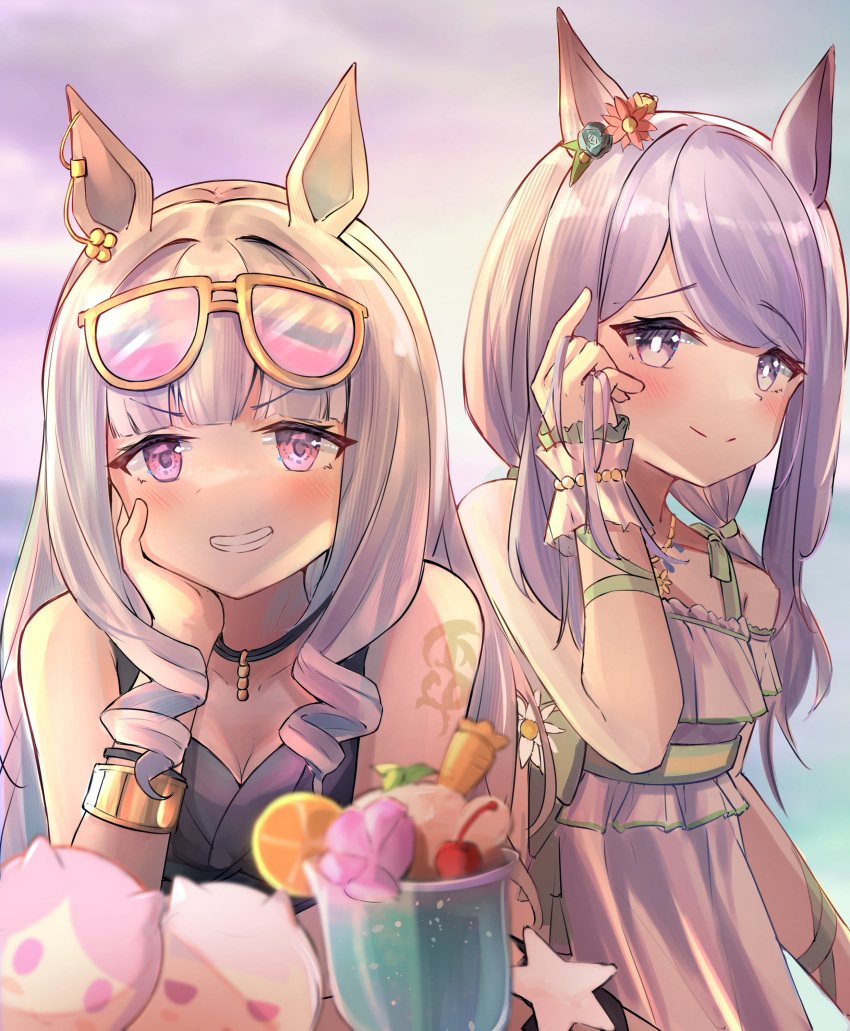 2girls absurdres animal_ears arm_tattoo black_one-piece_swimsuit blush bracelet closed_mouth commentary_request drink ear_ornament eyewear_on_head gold_ship_(run_revolt_launcher)_(umamusume) gold_ship_(umamusume) grin highres horse_ears horse_girl jewelry long_hair mejiro_mcqueen_(ripple_fairlady)_(umamusume) mejiro_mcqueen_(umamusume) multiple_girls necklace official_alternate_costume official_alternate_hairstyle one-piece_swimsuit outdoors purple_eyes purple_hair ricke_2002 scrunchie smile sunglasses super_smashing_summer_vacation_(umamusume) swimsuit tattoo teeth umamusume wrist_scrunchie