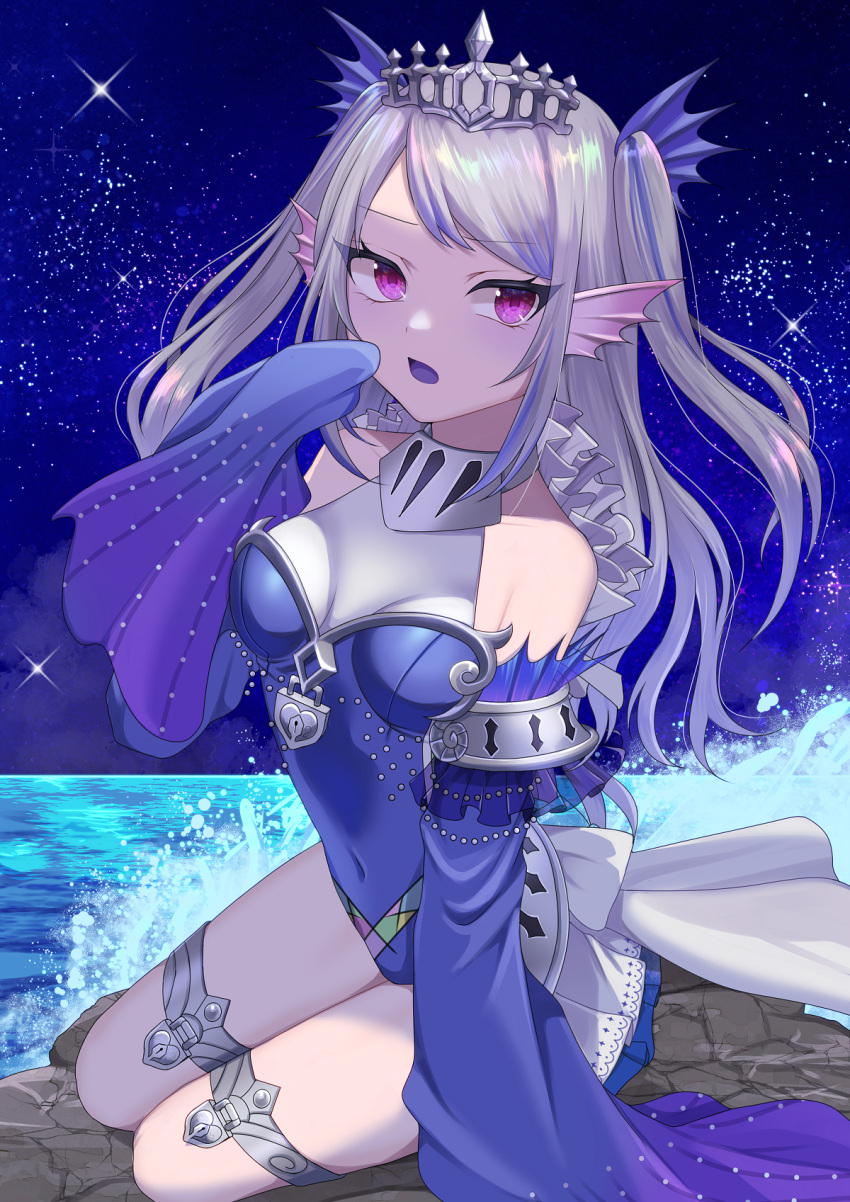 1girl bare_shoulders blue_hair covered_navel detached_sleeves duel_monster fins grey_hair head_fins highres lock multicolored_hair night night_sky ocean open_mouth padlock pinyata_(pinyaland) purple_eyes sitting sky sleeves_past_fingers sleeves_past_wrists solo streaked_hair tearlaments_scheiren thigh_strap tiara two_side_up yu-gi-oh!