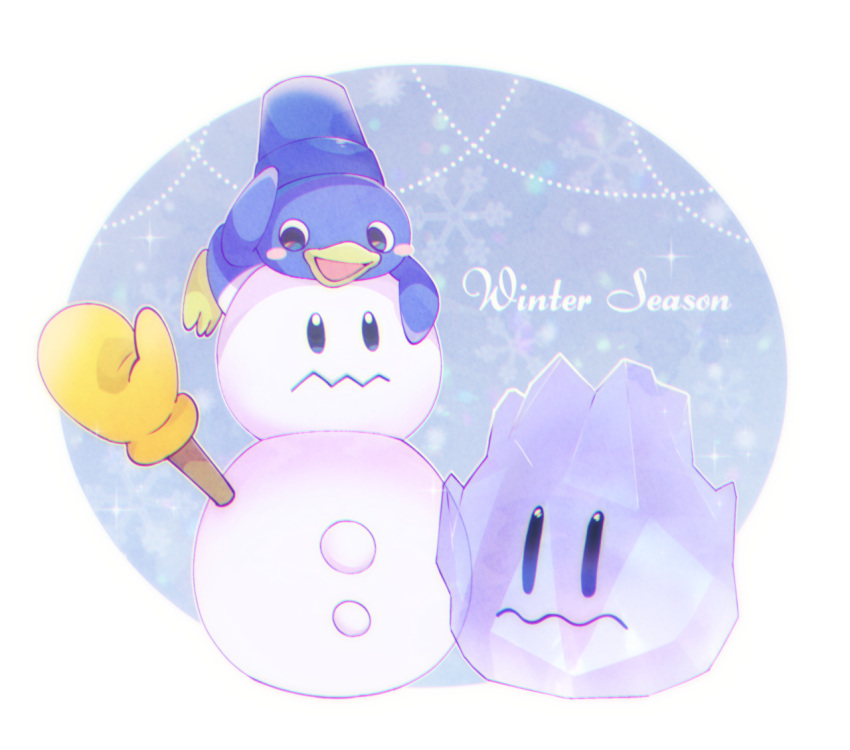 :d bird blue_background blush blush_stickers bucket bucket_on_head closed_mouth commentary_request freezie ice mario_(series) mittens mr._blizzard no_humans object_on_head omochiutyu open_mouth penguin penguin_(mario) simple_background smile snow snowflakes snowman wavy_mouth white_background yellow_mittens