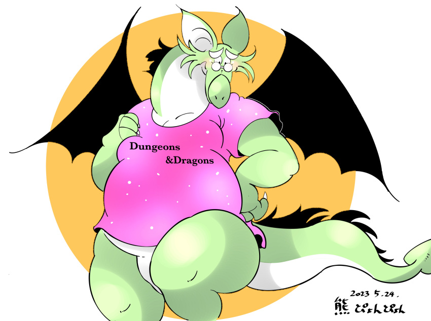 2023 absurd_res anthro belly blush clothing dragon eyewear glasses green_body hi_res kemono m2vcjtad5hsdvla male overweight overweight_male shirt solo topwear wings