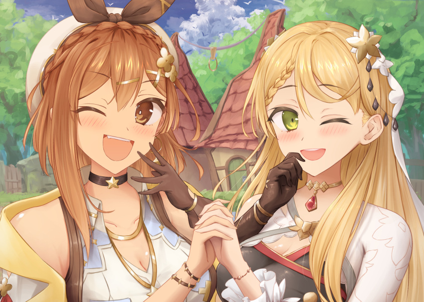 2girls atelier_(series) atelier_ryza atelier_ryza_3 blush braid breast_pocket breasts brown_gloves brown_hair brown_vest choker cleavage clover_hair_ornament collarbone crown_braid dangle_earrings earrings gloves green_eyes hair_ornament highres jewelry klaudia_valentz large_breasts leather leather_gloves long_hair long_sleeves multiple_bracelets multiple_girls multiple_necklaces necklace one_eye_closed pocket reisalin_stout satsuki_(mikatsuki) single_glove sleeveless sleeveless_jacket star_(symbol) star_choker star_earrings star_necklace teeth upper_teeth_only vest white_headwear x_hair_ornament yellow_eyes