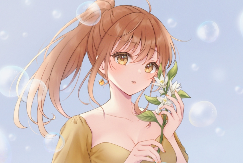 1girl blush breasts brown_hair bubble cleavage earrings flower flower_request food-themed_earrings holding holding_flower jewelry long_hair looking_at_viewer nail_polish orange-shaped_earrings original parted_lips ponytail puffy_sleeves sakunagita solo yellow_eyes