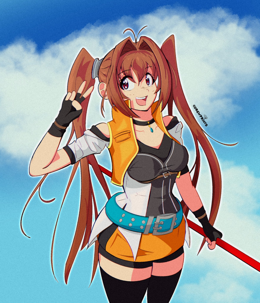 1girl ahoge black_gloves blue_sky breasts brown_eyes brown_hair cloud cropped_jacket curtained_hair drewprints eiyuu_densetsu english_commentary estelle_bright fingerless_gloves gloves highres holding holding_staff jewelry looking_at_viewer medium_breasts necklace sen_no_kiseki shorts sky smile solo sora_no_kiseki staff thighhighs twintails v