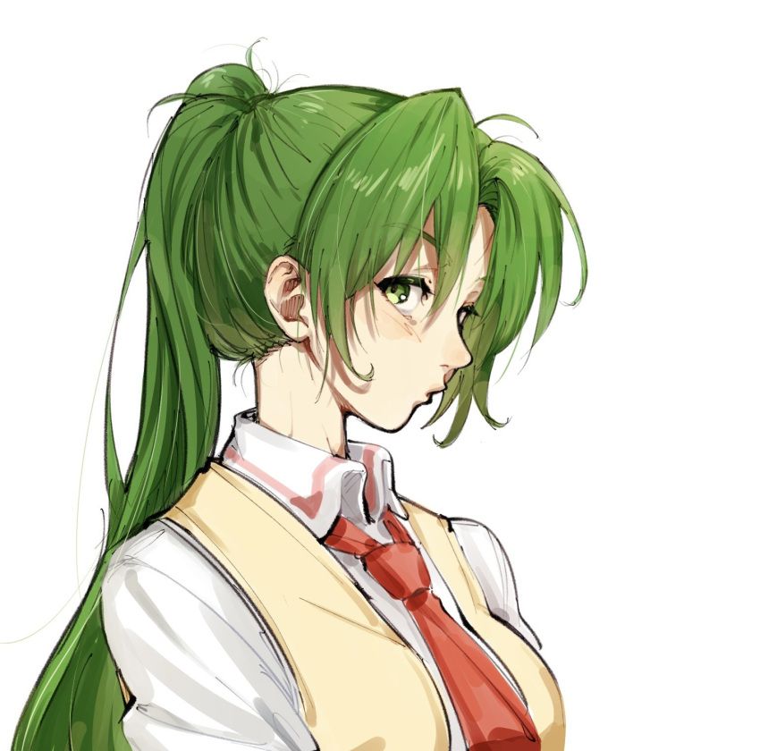 1girl green_eyes green_hair highres higurashi_no_naku_koro_ni ihwa0283 jacket long_hair long_sleeves looking_at_viewer looking_to_the_side necktie ponytail red_necktie shirt sketch solo sonozaki_shion white_background white_shirt yellow_jacket