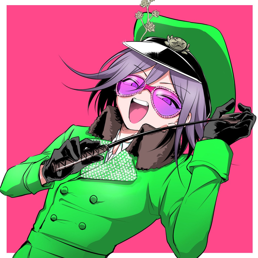 1boy :d alternate_costume black_gloves collared_shirt danganronpa_(series) danganronpa_v3:_killing_harmony dutch_angle gloves green_headwear green_jacket hands_up hat highres holding holding_riding_crop jacket looking_at_viewer oma_kokichi open_mouth peaked_cap pink-tinted_eyewear pink_background riding_crop shachoo_(poco_poco) shirt smile solo teeth tinted_eyewear upper_teeth_only