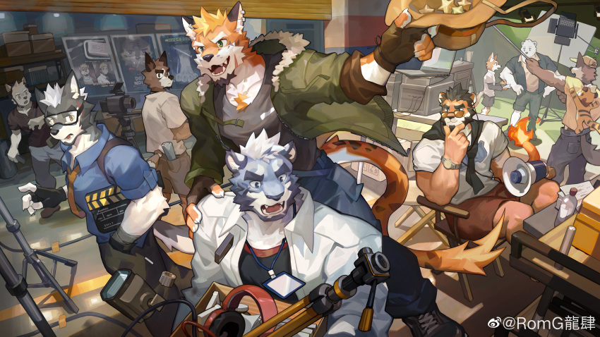 6+boys :d absurdres alca_(wakatanka4) alca_the_lion alternate_costume alternate_universe animal_ears artist_request bara beard beenic commission cowboy_hat cowboy_western director director's_chair dog_boy dog_ears earrings facial_hair furry furry_male grey_fur hand_on_another's_shoulder hand_on_own_chin hat headphones highres id_card jacket jaguar_boy jewelry jumping large_pectorals lion_boy lion_ears lion_tail male_focus mature_male multiple_boys muscular muscular_male open_clothes open_jacket original pectorals romg romg_the_tiger second-party_source short_hair shorts smile smirk speaker stage stage_lights stroking_beard stroking_own_chin sunglasses tail tail_ornament tail_ring thick_eyebrows tiger_boy uutiger weibo_logo weibo_username