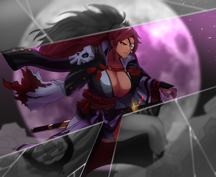 1girl absurdres amputee baiken bandages big_hair breasts broken_glass cleavage eyepatch facial_tattoo facing_to_the_side glass guilty_gear highres japanese_clothes katana kimono large_breasts long_hair moon multicolored_clothes multicolored_kimono one-eyed open_clothes open_kimono ponytail red_eyes red_hair samurai sash scar scar_across_eye scar_on_face sheath sheathed solo soolee040995 sword tattoo thighs torn_sleeve weapon