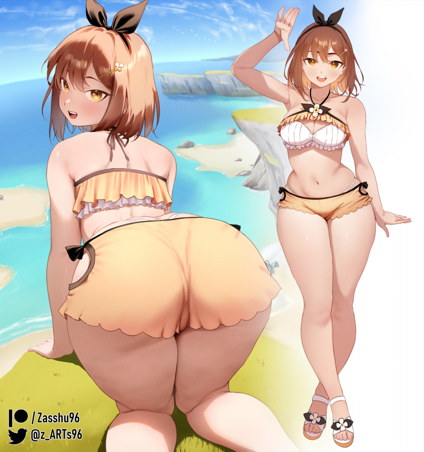 1girl :d all_fours ass atelier_(series) atelier_ryza atelier_ryza_1 bikini black_hairband blue_sky bow_hairband brown_hair crossed_legs from_behind hair_ornament hairband hairpin halterneck highres looking_at_viewer looking_back multiple_views ocean outdoors patreon_username reisalin_stout sandals shore short_hair sky smile solo swimsuit toes twitter_username watson_cross white_bikini white_footwear yellow_bikini zasshu