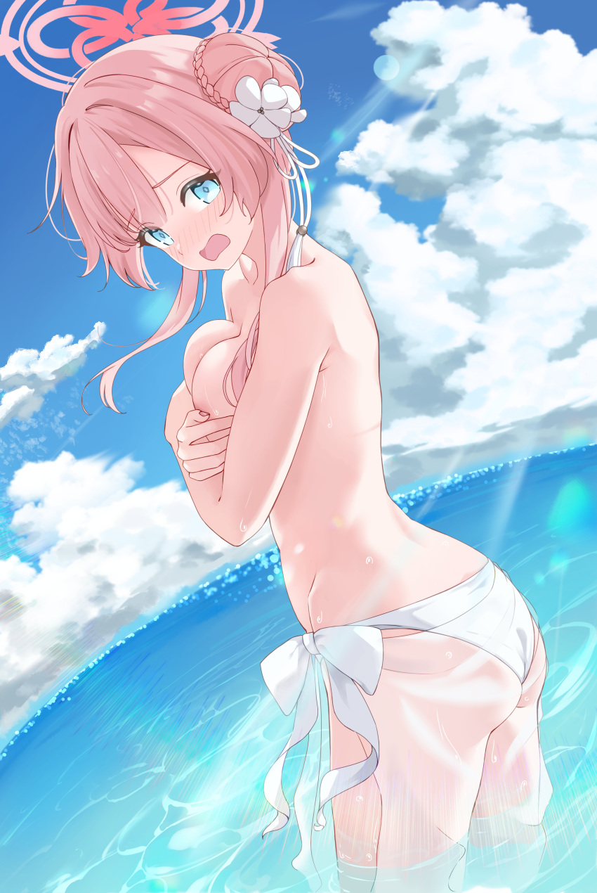 1girl absurdres ass bikini bikini_bottom_only blue_archive blue_eyes blue_sky blush braid braided_bun breasts cloud covering covering_breasts dutch_angle embarrassed from_side hair_bun halo highres large_breasts looking_at_viewer looking_to_the_side mimori_(blue_archive) mimori_(swimsuit)_(blue_archive) nose_blush official_alternate_costume outdoors pink_hair sarong see-through_sarong sidelocks single_side_bun sky solo swimsuit tomu_(tom_309k) wading wardrobe_malfunction white_bikini