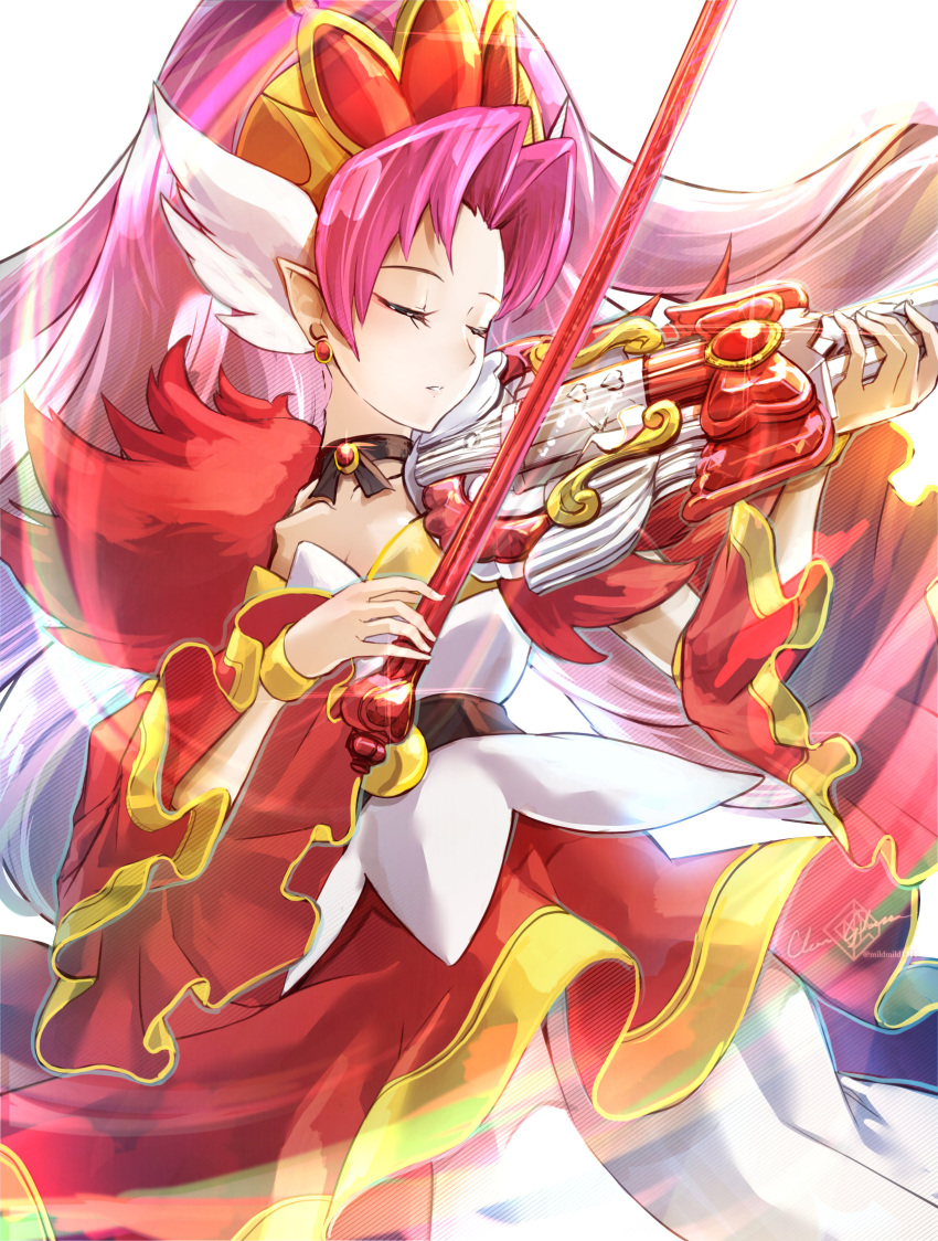 1girl akagi_towa bow bow_(music) choker clear_glass_(mildmild1311) closed_eyes cure_scarlet earrings go!_princess_precure highres holding holding_instrument instrument jewelry long_hair magical_girl pink_hair pointy_ears precure quad_tails red_hair red_sleeves smile solo very_long_hair violin waist_bow white_background