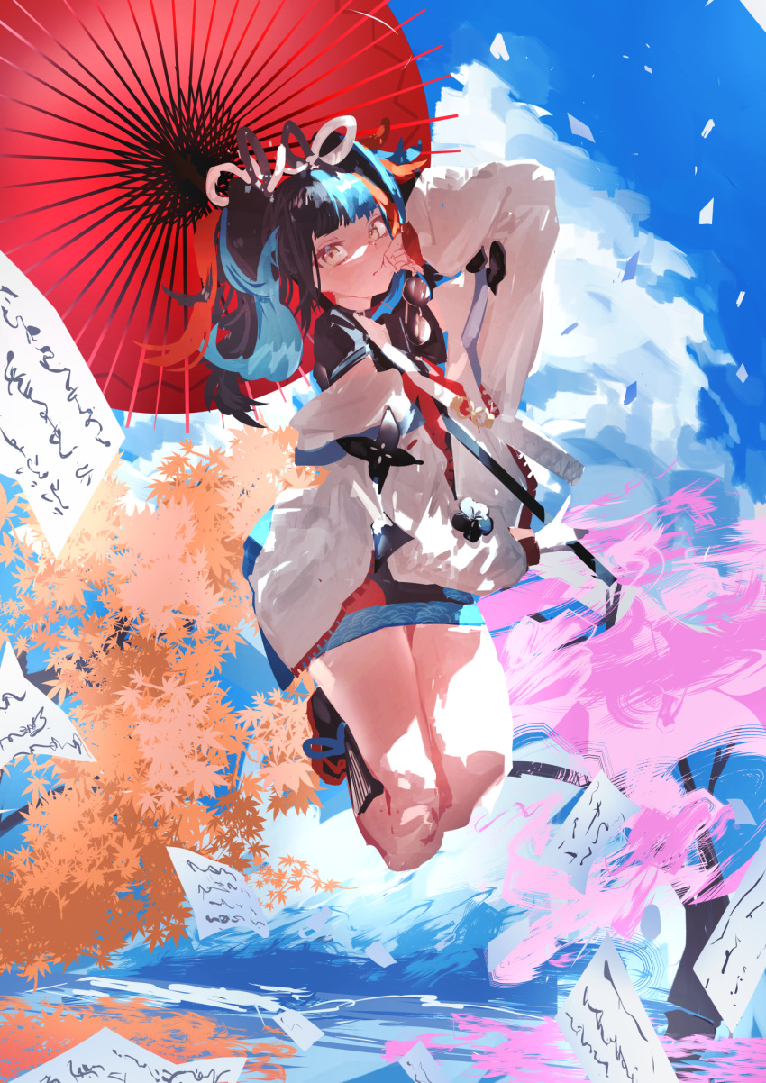 1girl black_hair black_shirt black_socks blue_hair blue_sky blunt_bangs bow bowtie cherry_blossoms closed_mouth cloud commentary_request eyewear_removed fate/grand_order fate_(series) flying_paper full_body hair_ribbon hand_to_own_mouth hand_up highres holding holding_eyewear holding_umbrella jacket jacket_partially_removed jumping kneehighs kuronoiparoma leaf long_sleeves looking_at_viewer maple_leaf messy_hair midair miniskirt multicolored_hair oil-paper_umbrella open_clothes open_jacket outdoors paper puffy_long_sleeves puffy_sleeves red_bow red_bowtie red_hair ribbon round_eyewear school_uniform sei_shounagon_(fate) serafuku shirt skirt sky socks solo sunglasses tree twintails umbrella white_eyes white_jacket white_ribbon wide_shot zouri