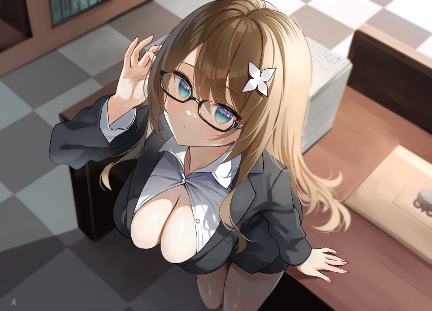 1girl absurdres aogiri_koukou black_jacket black_skirt blue_eyes bookshelf breasts brown_hair checkered_floor cleavage collarbone collared_shirt desk flower from_above glasses hair_flower hair_ornament highres jacket kkix25 kurikoma_komaru large_breasts long_hair office_lady pantyhose paper_stack partially_unbuttoned pencil_skirt pink_nails semi-rimless_eyewear shirt signature skirt solo white_flower white_shirt