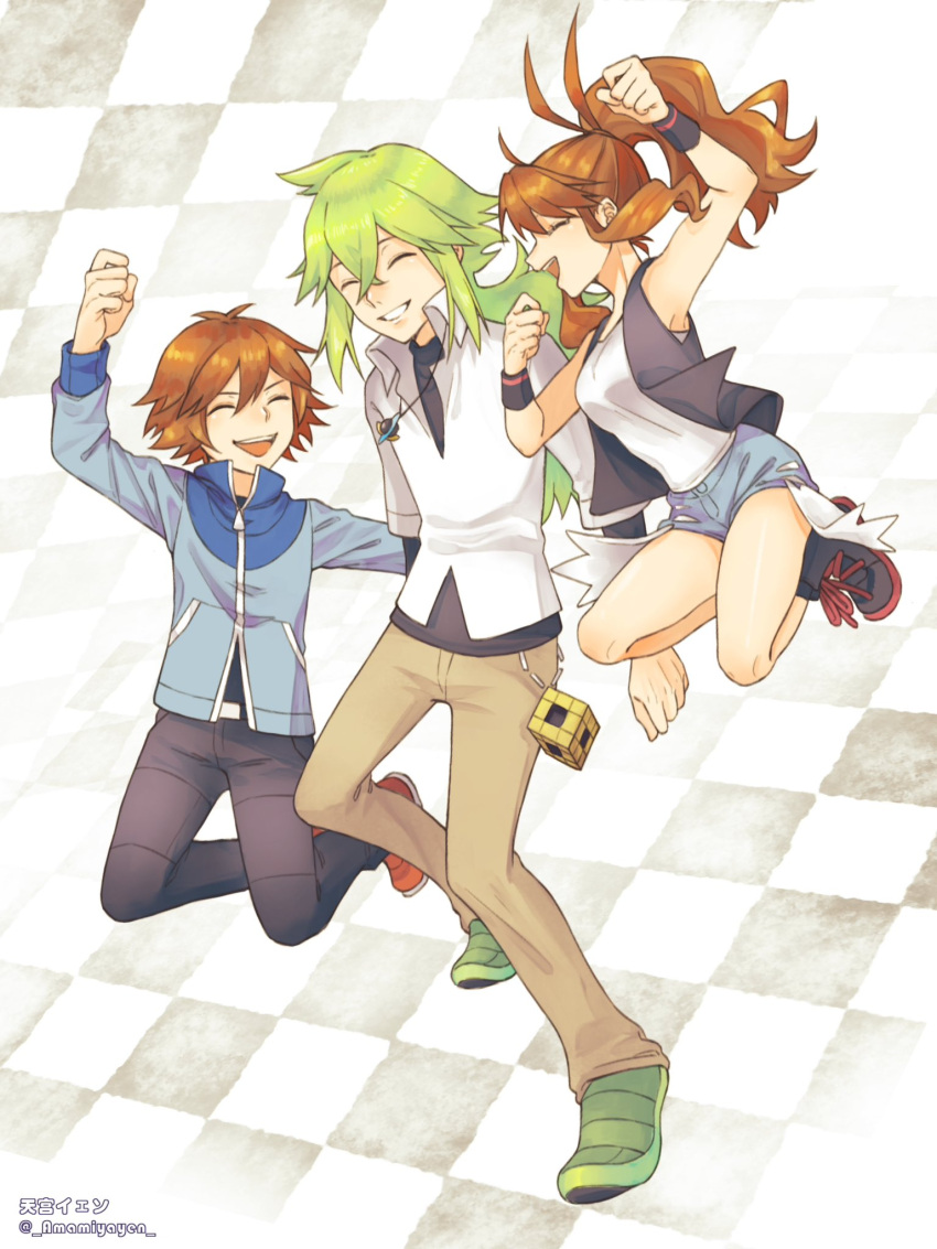 1girl 2boys :d arm_up ayan_ip blue_jacket boots brown_hair brown_pants collared_shirt commentary_request green_footwear green_hair grey_shorts happy highres hilbert_(pokemon) hilda_(pokemon) jacket jewelry long_hair multiple_boys n_(pokemon) necklace open_clothes open_mouth open_vest orange_footwear pants pokemon pokemon_(game) pokemon_bw ponytail shirt shoes shorts smile undershirt vest white_shirt wristband zipper_pull_tab
