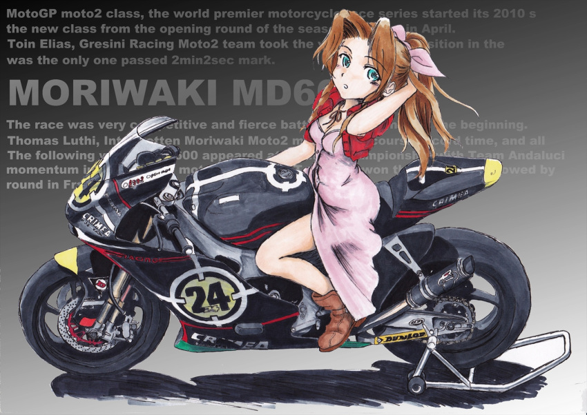 1girl aerith_gainsborough arm_behind_head blue_eyes blush boots breasts brown_footwear cleavage cropped_jacket dress english_text final_fantasy final_fantasy_vii grey_background jacket looking_at_viewer medium_breasts moriwaki_engineering moriwaki_md600 moto_gp motor_vehicle motorcycle neck_ribbon nishimiya_makoto parted_bangs parted_lips pink_dress ponytail race_vehicle red_jacket red_ribbon ribbon shadow solo traditional_media vehicle_focus vehicle_name