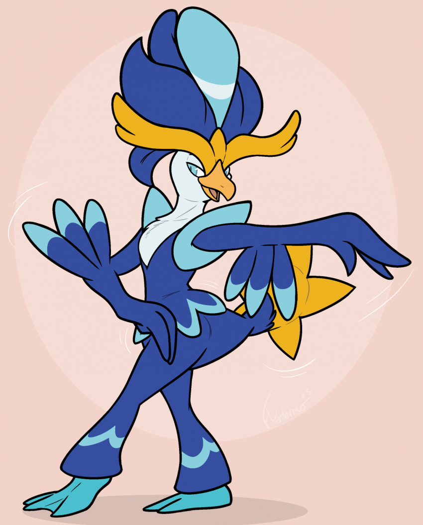 2023 ambiguous_gender anthro avian beak blue_body blue_eyes blue_feathers dancing feathers flytermo2 generation_9_pokemon head_crest hi_res markings membrane_(anatomy) motion_lines nintendo open_beak open_mouth pokemon pokemon_(species) pose quaquaval raised_arm signature simple_background solo standing stello_(invalid_nickname) webbed_feet white_body white_feathers yellow_beak