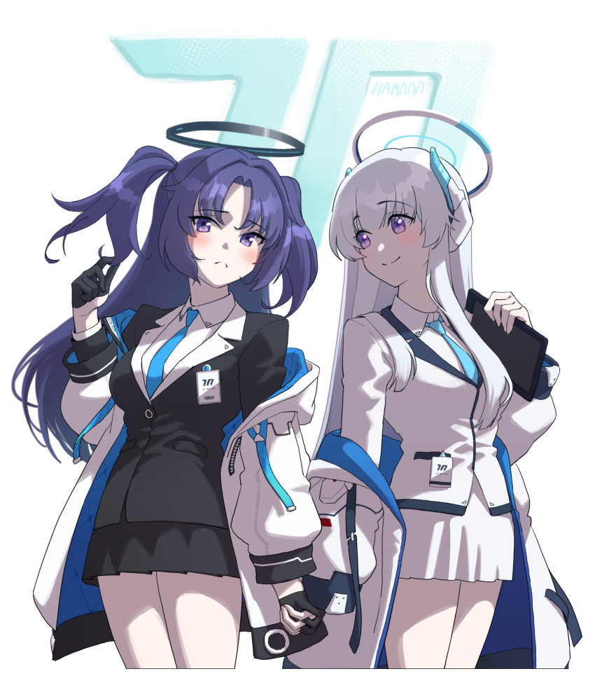 2girls black_gloves black_jacket black_skirt black_suit blue_archive blue_necktie blush closed_mouth collared_shirt cowboy_shot cropped_legs gloves hair_twirling half_gloves halo harara_(dbwogks2) headphones highres holding holding_hands holding_tablet_pc id_card jacket jacket_partially_removed korean_commentary long_hair looking_at_another looking_at_viewer multiple_girls necktie noa_(blue_archive) off_shoulder purple_eyes purple_hair shirt simple_background skirt smile suit tablet_pc two_side_up white_background white_hair white_jacket white_shirt white_skirt white_suit yuuka_(blue_archive)