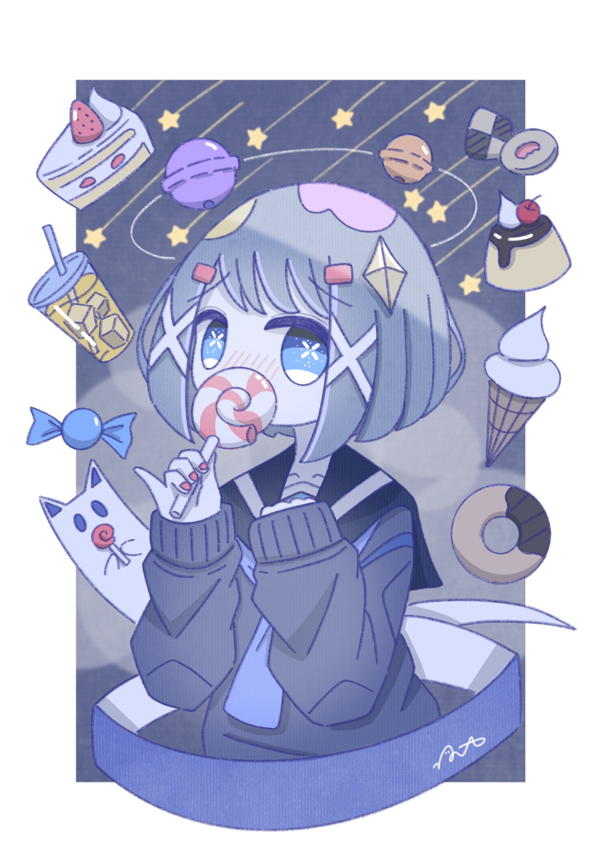 1girl black_serafuku blue_background blue_eyes blue_neckerchief blush border cake candy cathead checkerboard_cookie chocolate_doughnut cloud collarbone commentary cookie covering_mouth diamond_hair_ornament doughnut drinking_straw food ghost grey_hair hair_ornament hairclip highres holding holding_candy holding_food holding_lollipop ice_cream ice_cream_cone juice lollipop long_sleeves looking_at_viewer neckerchief night night_sky no_nose nose_blush omochi_noa original pinky_out pudding red_nails sailor_collar school_uniform serafuku shooting_star short_hair signature sky sleeves_past_wrists solid_oval_eyes solo star_(sky) strawberry_shortcake sweets swirl_lollipop thumbprint_cookie uniform white_border wrapped_candy