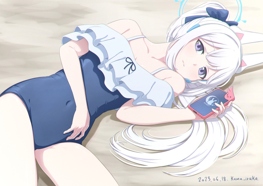 1girl animal_ear_headphones animal_ears belly_rub bikini blue_archive blue_one-piece_swimsuit blush casual_one-piece_swimsuit closed_mouth collarbone commentary_request covered_navel dated fake_animal_ears frilled_bikini frilled_one-piece_swimsuit frills hair_ribbon halo headphones headset highres holding holding_phone kama_iruka long_hair looking_at_viewer lying miyako_(blue_archive) miyako_(swimsuit)_(blue_archive) off-shoulder_one-piece_swimsuit off_shoulder official_alternate_costume on_back one-piece_swimsuit phone purple_eyes rabbit_ear_headphones ribbon sidelocks signature solo swimsuit white_hair