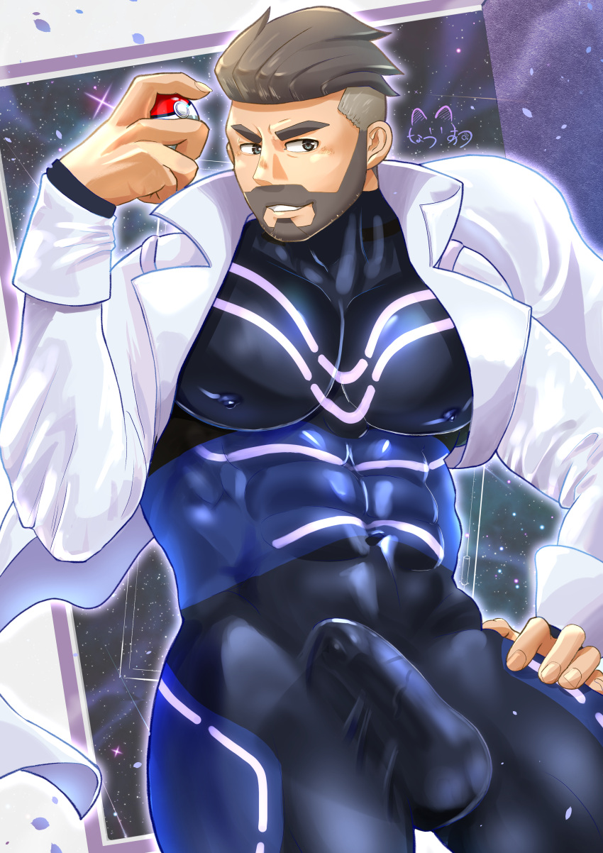 1boy absurdres bara beard black_bodysuit bodysuit bulge coat covered_abs covered_nipples covered_penis erection erection_under_clothes facial_hair feet_out_of_frame highres holding holding_poke_ball lab_coat large_pectorals looking_at_viewer male_focus mature_male multicolored_bodysuit multicolored_clothes muscular muscular_male mustache natsuki_atsushi_(rabbitificate) open_clothes open_coat pectorals poke_ball pokemon pokemon_(game) pokemon_sv purple_bodysuit seductive_smile short_hair smile solo strongman_waist thick_eyebrows thick_thighs thighs turo_(pokemon) two-tone_bodysuit undercut v-shaped_eyebrows