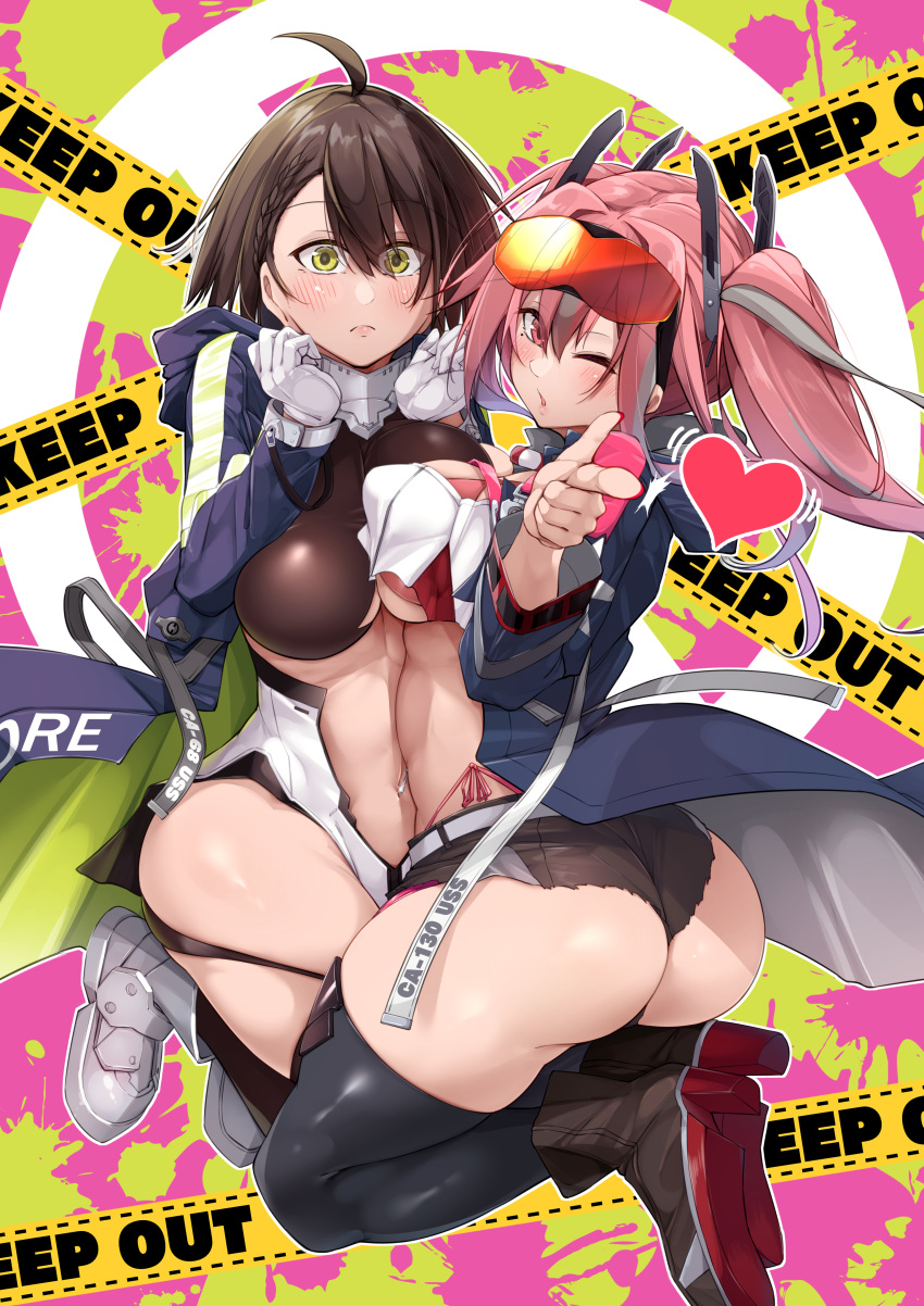 2girls absurdres ahoge ankle_boots ass azur_lane baltimore_(azur_lane) bikini black_footwear black_shorts black_thighhighs blue_coat blush boots braid breasts bremerton_(azur_lane) brown_hair cleavage clothes_writing clothing_cutout coat commentary_request cover cover_page covered_nipples crop_top cutoffs dress eyewear_on_head french_braid gloves grey_hair grin hair_between_eyes hair_intakes hair_ornament hands_up heart high_heel_boots high_heels highleg highleg_bikini highres hood hood_down hooded_coat keep_out large_breasts lifebuoy_ornament long_hair long_sleeves looking_at_viewer micro_shorts mole mole_under_eye multicolored_coat multicolored_hair multiple_girls navel navel_piercing one_eye_closed oriue_wato parted_lips pelvic_curtain piercing pink_bikini pink_eyes pink_hair red-tinted_eyewear rudder_footwear shirt short_hair shorts side-tie_bikini_bottom sidelocks skindentation smile stomach stomach_cutout streaked_hair swimsuit teeth thighhighs tinted_eyewear twintails two-tone_hair underboob_cutout white_dress white_gloves white_shirt yellow_eyes