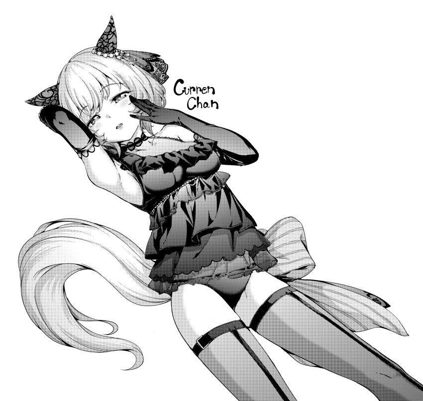 1girl animal_ears babydoll blush breasts curren_chan_(umamusume) ear_covers elbow_gloves gloves greyscale hamao highres horse_ears horse_girl horse_tail looking_at_viewer medium_breasts monochrome open_mouth panties short_hair simple_background solo tail thighhighs umamusume underwear white_background