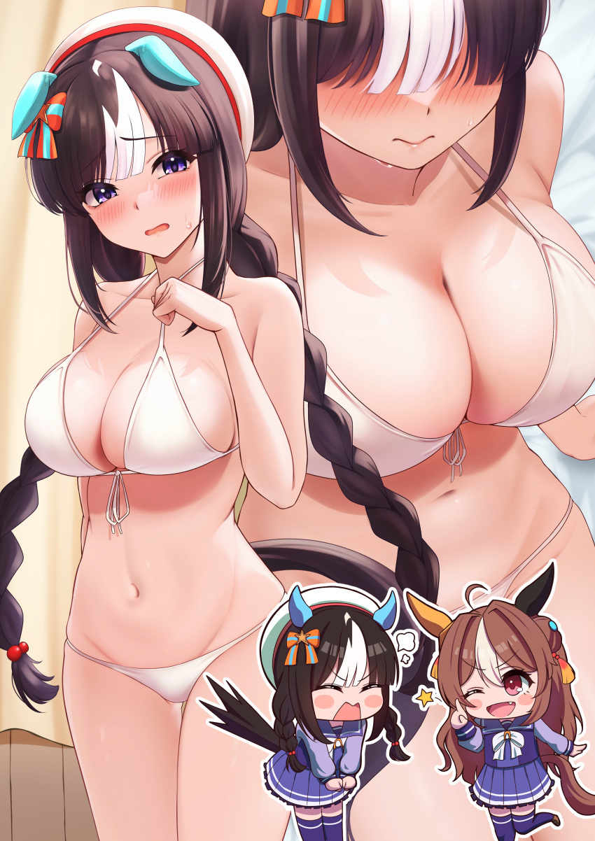 2girls absurdres ahoge alternate_costume angry animal_ears arugou beret bikini black_hair blush braid breasts chibi closed_eyes collarbone copano_rickey_(umamusume) curtains fang hat highres hokko_tarumae_(umamusume) horse_ears horse_girl horse_tail large_breasts long_braid looking_at_viewer multiple_girls navel one_eye_closed open_mouth school_uniform sweat swimsuit tail tracen_school_uniform twin_braids umamusume