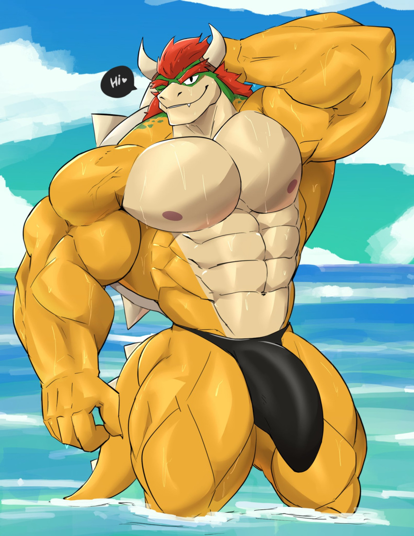 &lt;3 2023 abs anatake anthro barazoku biceps big_bulge biped bowser bulge clothed clothing cloud day dialogue digital_media_(artwork) english_text genital_outline hair hi_res horn koopa looking_at_viewer male mario_bros muscular muscular_anthro muscular_male muscular_thighs navel nintendo nipples one_eye_closed outside partially_submerged pecs penis_outline quads red_hair scalie shell sky smile solo speech_bubble speedo speedo_only spiked_shell spiked_tail spikes spikes_(anatomy) standing swimwear tail talking_to_viewer tan_body text thick_thighs topless wet wink yellow_body