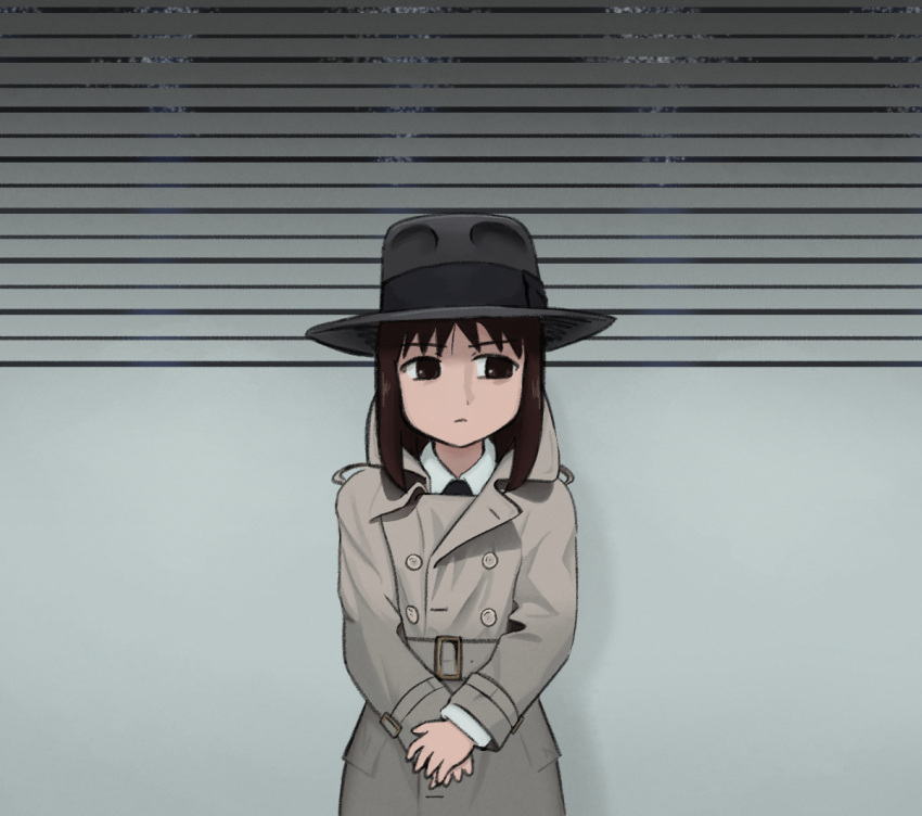 1girl averting_eyes azumanga_daioh belt belt_buckle black_headwear black_necktie brown_belt brown_coat brown_eyes brown_hair buckle buttons closed_mouth coat commentary cowboy_shot double-breasted english_commentary expressionless fedora french_commentary hat height_mark kasuga_ayumu medium_hair mixed-language_commentary monky_sm necktie own_hands_together shirt solo standing trench_coat v_arms white_shirt