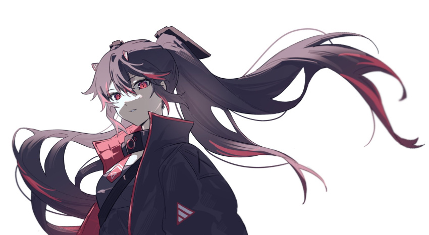 1girl black_dress black_hair black_jacket dress fake_horns gradient_hair hair_between_eyes headgear highres horns jacket long_hair looking_at_viewer lucia:_plume_(punishing:_gray_raven) lucia_(punishing:_gray_raven) mao_(expuella) multicolored_hair necktie parted_lips punishing:_gray_raven red_hair red_necktie sidelocks streaked_hair twintails white_background