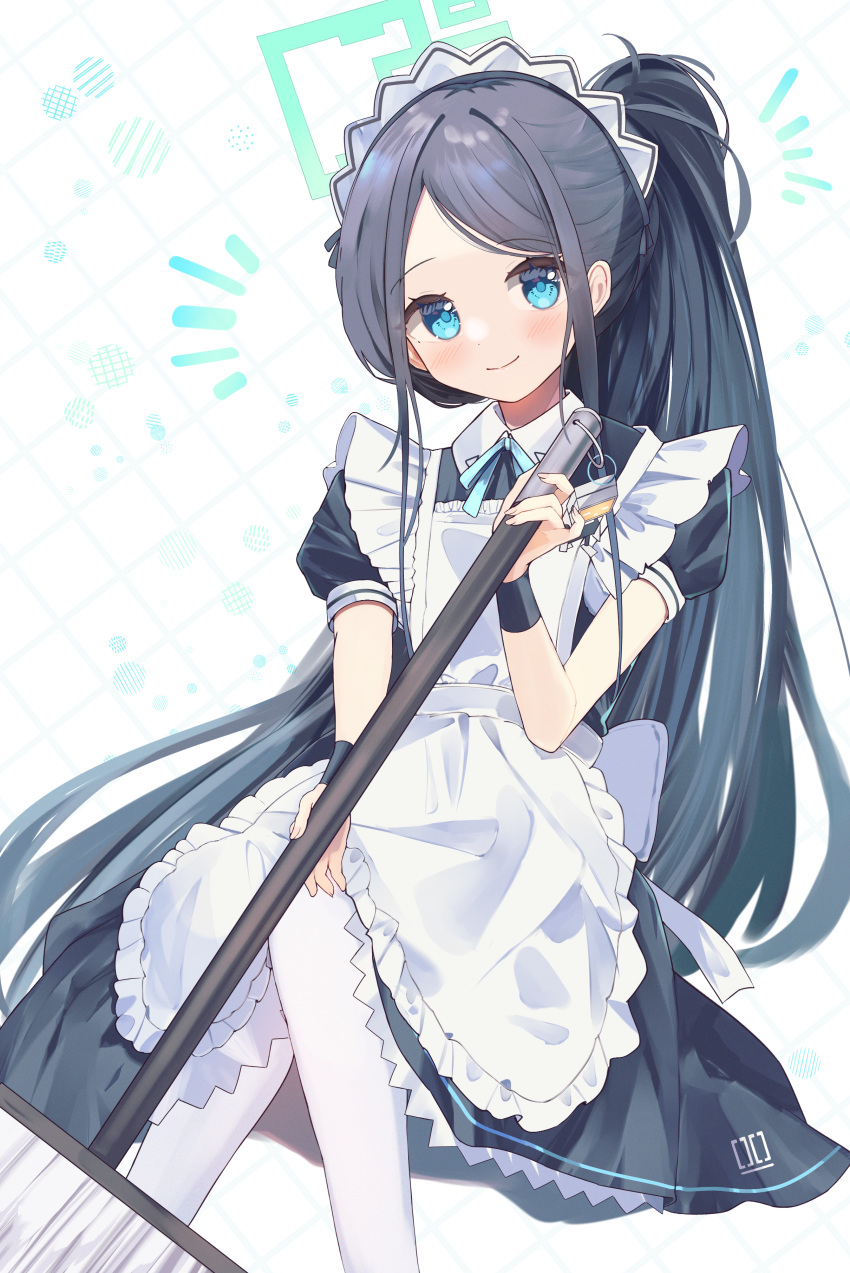 1girl absurdres apron aris_(blue_archive) aris_(maid)_(blue_archive) black_hair blue_archive blue_eyes closed_mouth commentary_request green_halo halo highres long_hair looking_at_viewer maid maid_apron official_alternate_costume pantyhose ponytail revision shishiodoshi sitting smile solo very_long_hair white_apron white_pantyhose