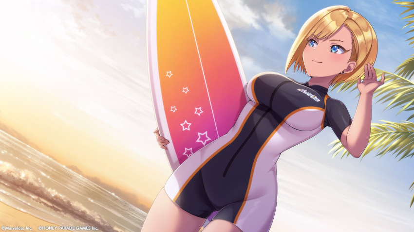 1girl arm_up beach blue_eyes dark-skinned_female dark_skin dolphin_wave dutch_angle earrings highres holding holding_surfboard jewelry murahaya_mashio official_art one-piece_swimsuit ootomo_takuji short_hair solo surfboard swept_bangs swimsuit