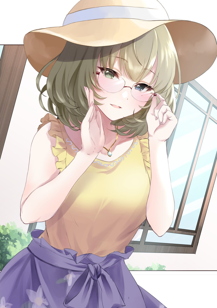 1girl adjusting_eyewear blue_skirt blush breasts chii_(sbshop) dress floral_print glasses green_hair heterochromia highres idolmaster idolmaster_cinderella_girls jewelry looking_at_viewer medium_breasts mole mole_under_eye necklace short_hair skirt solo takagaki_kaede yellow_dress yellow_headwear